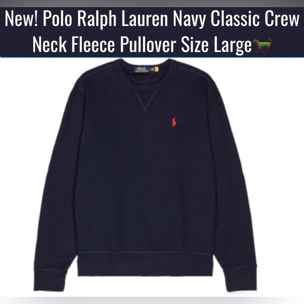 New! Polo Ralph Lauren Navy Classic Crew Neck Fleece Pullover Size L 🐎